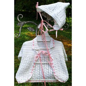 Handmade Crochet Baby Cardigan Sweater Bonnet Hat Pink Satin Ribbon Newborn